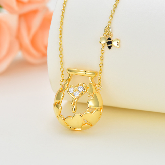 Sterling Silver with Yellow Gold Plated Round Cubic Zirconia Bee & Heart Pendant Necklace-2
