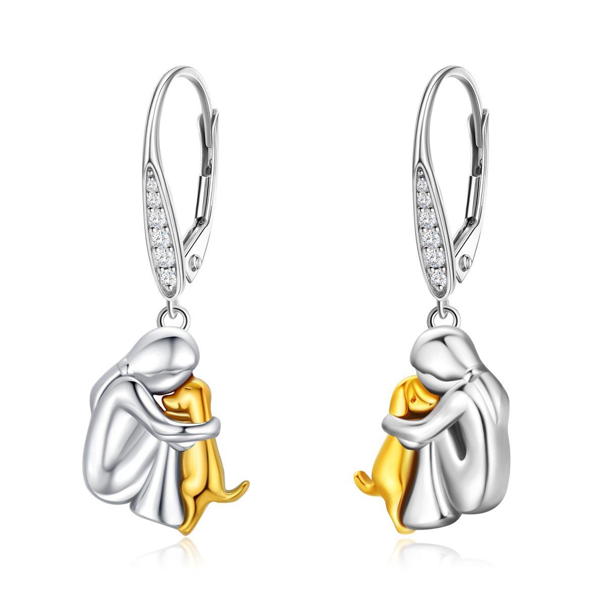 Sterling Silver Two-tone Cubic Zirconia Dog Lever-back Earrings-1