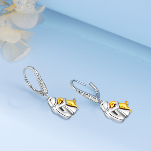 Sterling Silver Two-tone Cubic Zirconia Dog Lever-back Earrings-5