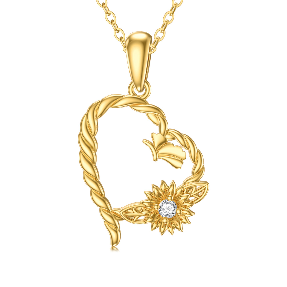 Collar de oro de 14 quilates en forma circular de circonio cúbico colgante de corazón-1