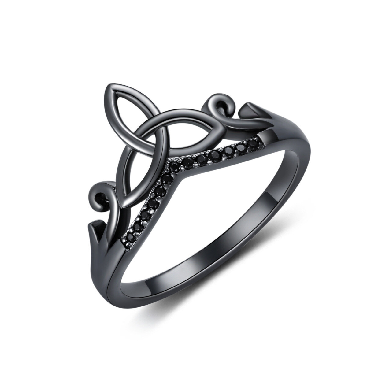 Sterling Silver with Black Plated Round Zircon Celtic Knot Ring-1