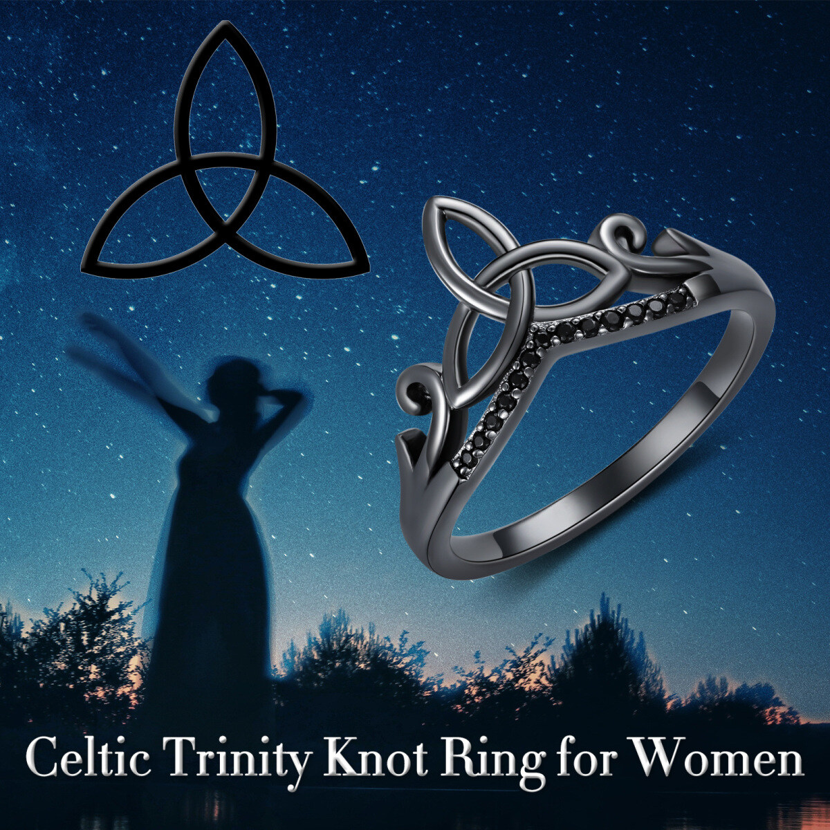 Sterling Silver with Black Plated Round Zircon Celtic Knot Ring-6