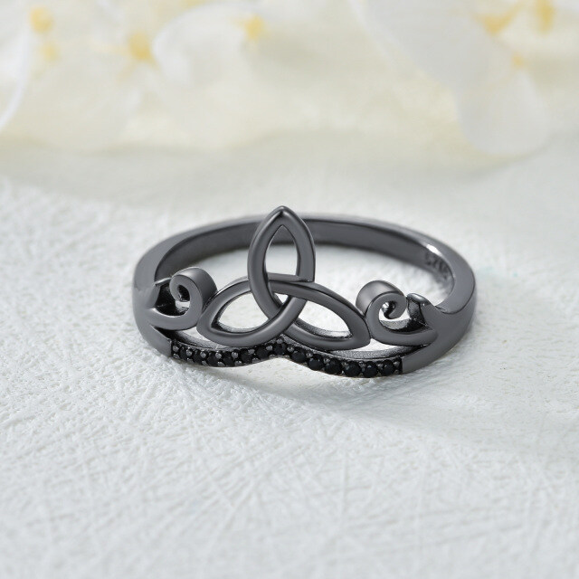 Sterling Silver with Black Plated Round Zircon Celtic Knot Ring-2