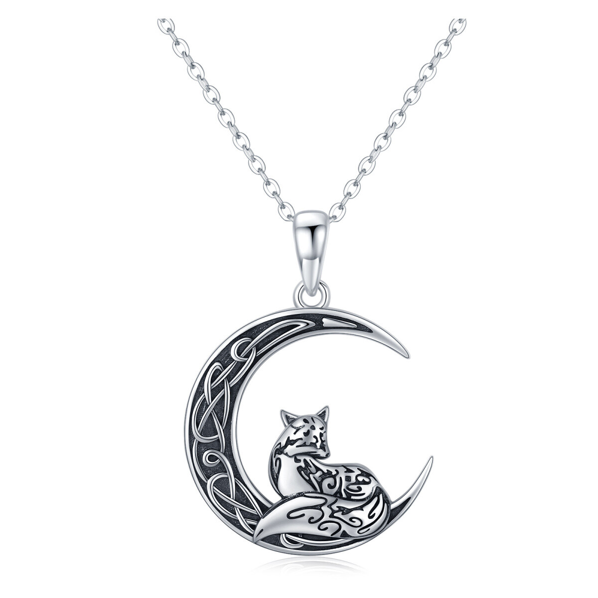 Sterling Silver Fox & Celtic Knot & Moon Pendant Necklace-1