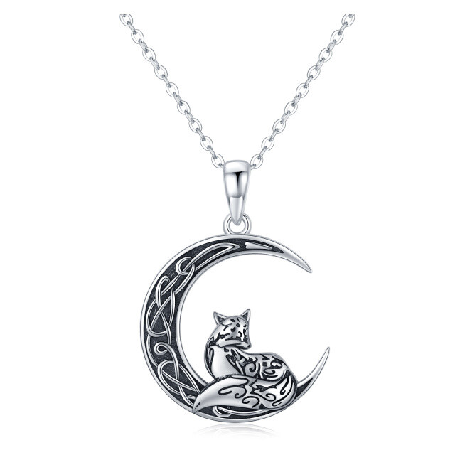 Sterling Silver Fox & Celtic Knot & Moon Pendant Necklace-0