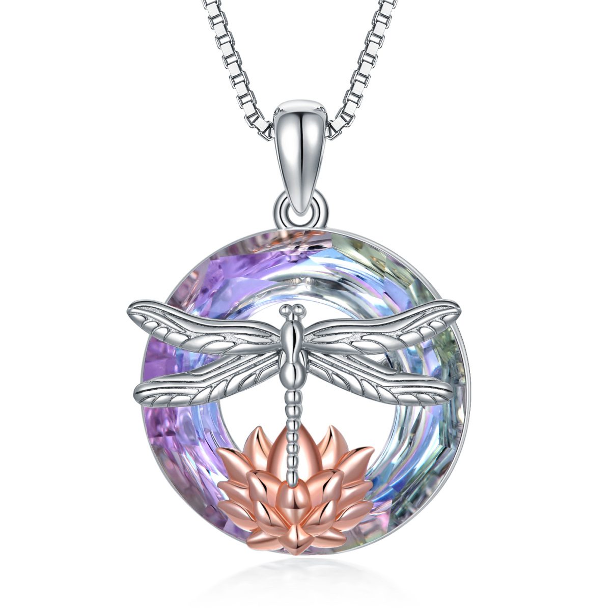 Sterling Silver Two-tone Dragonfly & Lotus Crystal Pendant Necklace-1