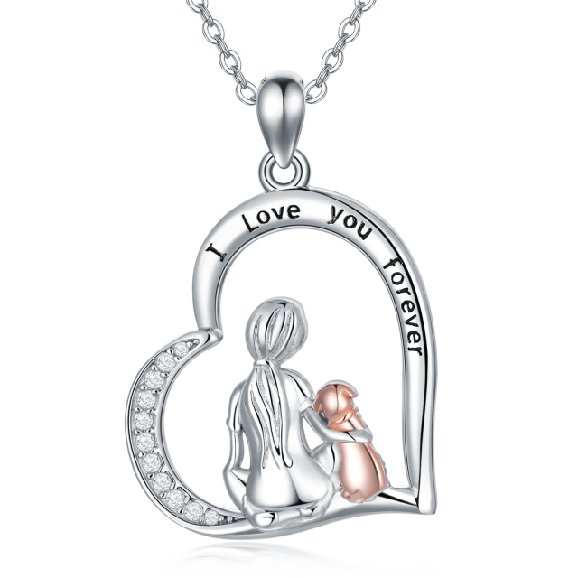 Sterling Silver Two-tone Circular Shaped Dog & Heart Pendant Necklace with Engraved Word-1