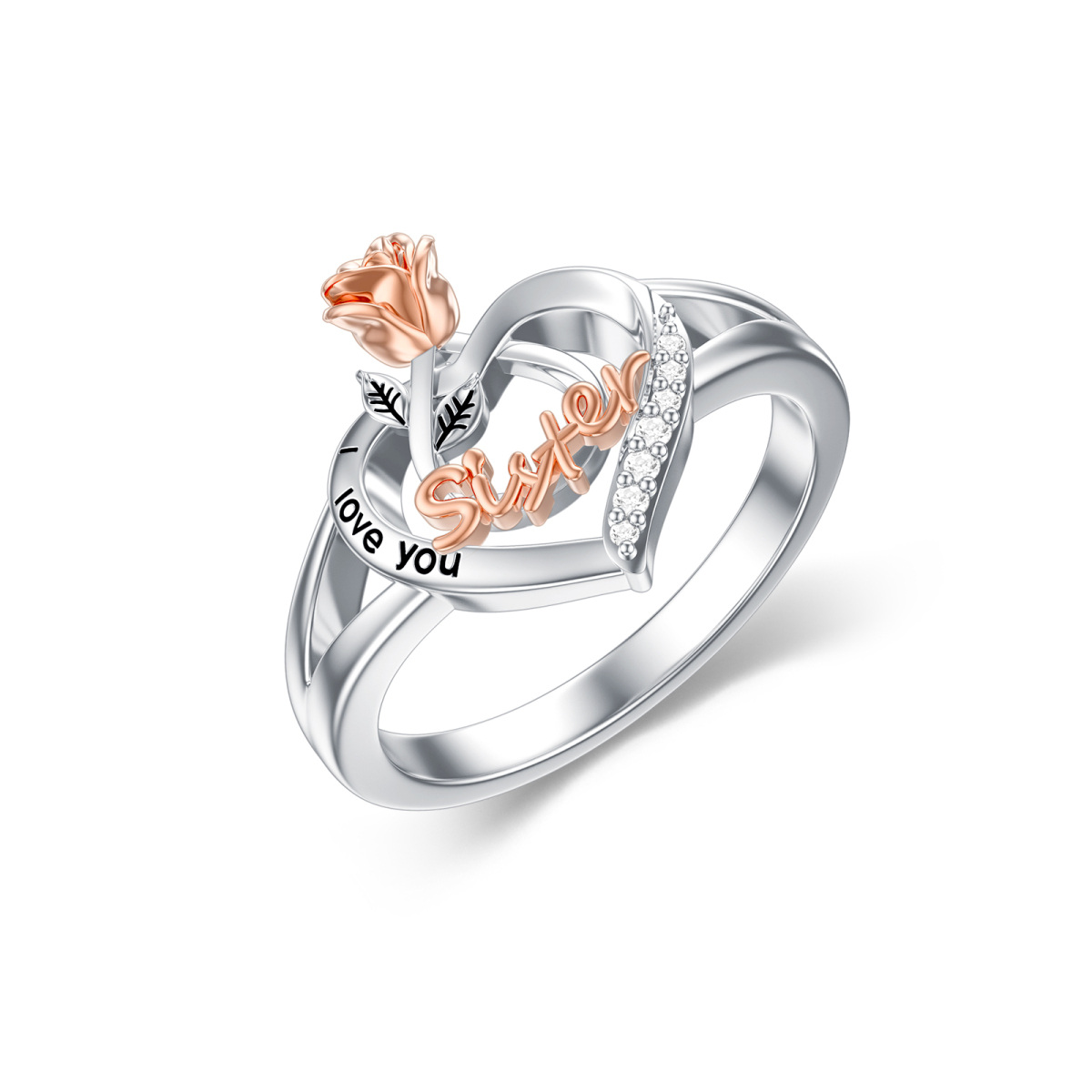 Bague en argent sterling bicolore pour sœurs avec zircon rond et mot gravé-1