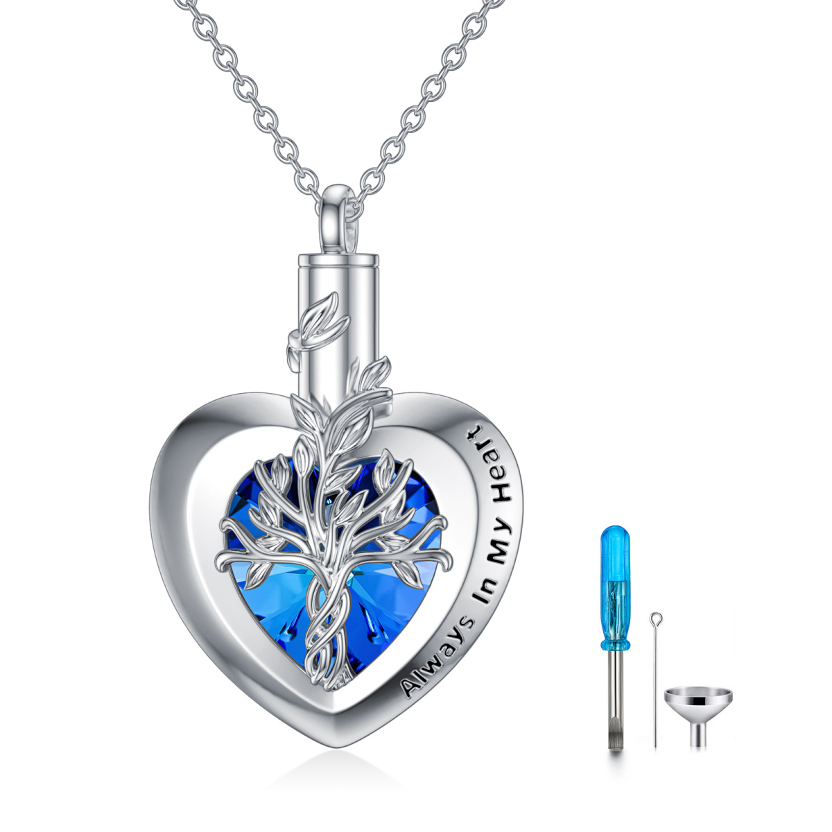 Sterling Silver Crystal Tree Of Life & Heart Urn Necklace for Ashes with Engraved Word-1