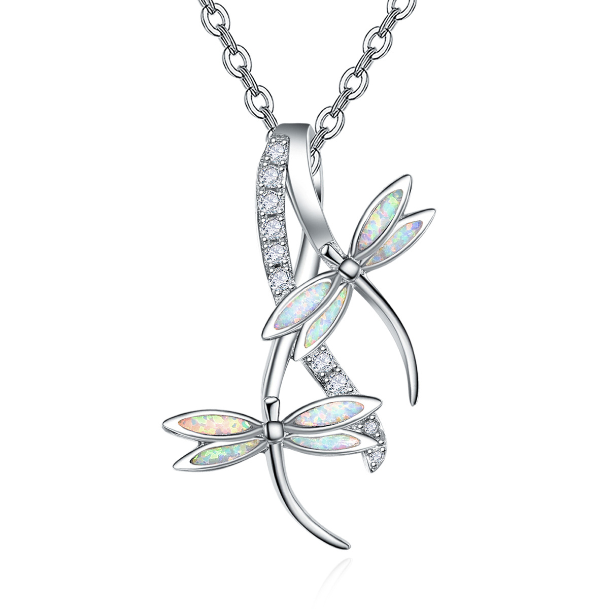 Sterling Silver Opal Dragonfly Pendant Necklace-1