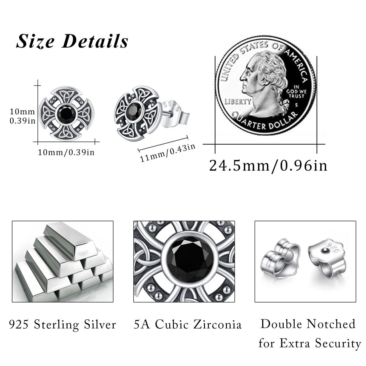 Sterling Silver Round Cubic Zirconia Celtic Knot Stud Earrings-3
