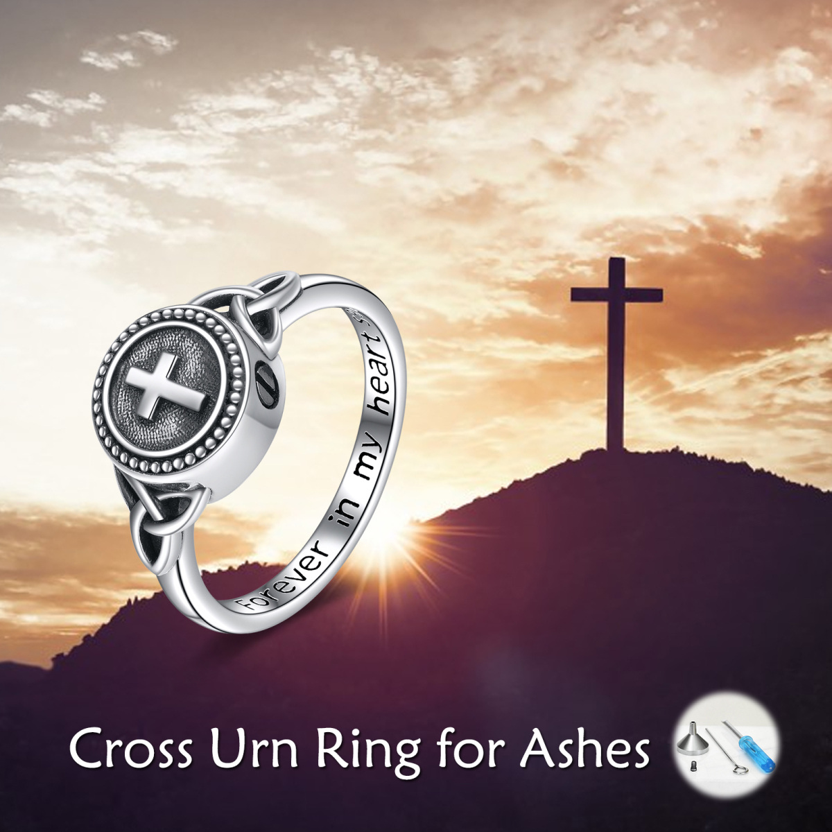 Sterling Silver Cross Urn Ring with Engraved Word-6