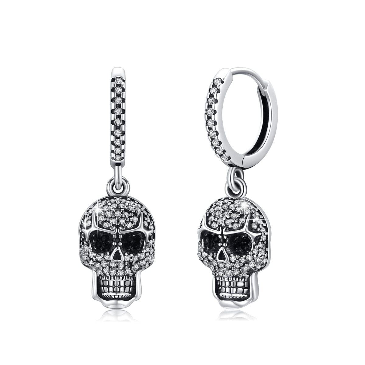 Sterling Silver Cubic Zirconia Skull Drop Earrings for Men-1