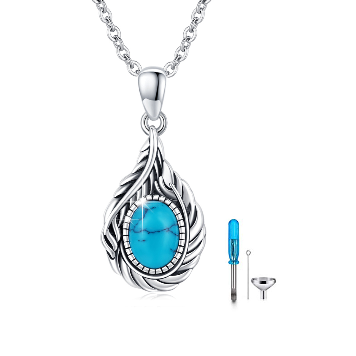 Sterling Silver Turquoise Feather Urn Necklace for Ashes-1