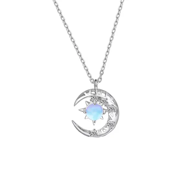 Sterling Silver Moonstone Moon Pendant Necklace-0