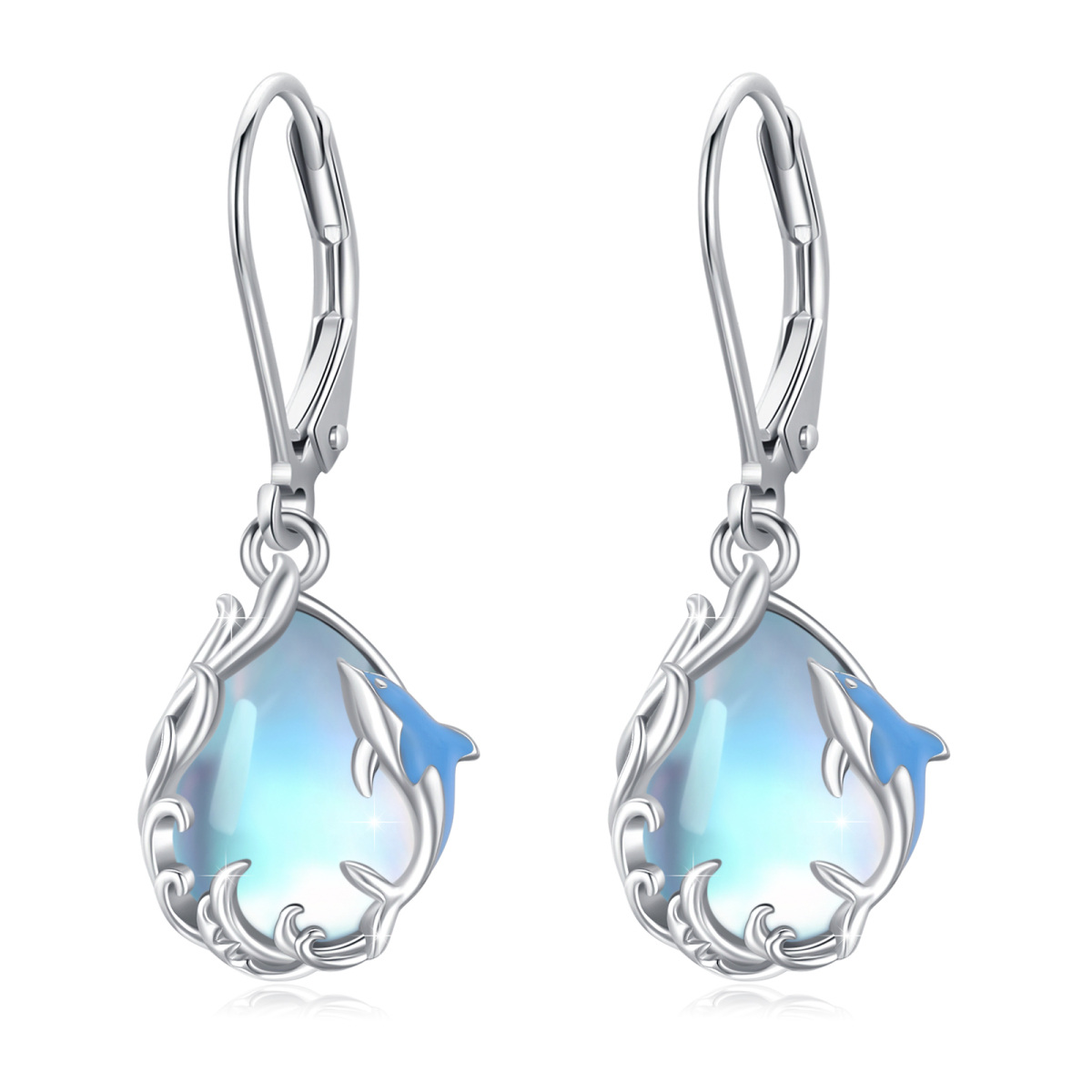 Sterling Silver Moonstone Dolphin & Drop Shape Lever-back Earrings-1