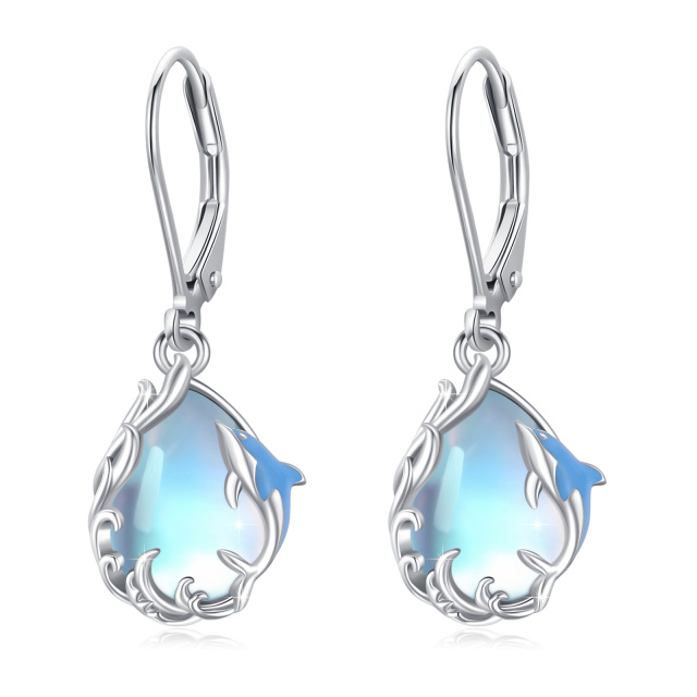 Sterling Silver Moonstone Dolphin & Drop Shape Lever-back Earrings-4