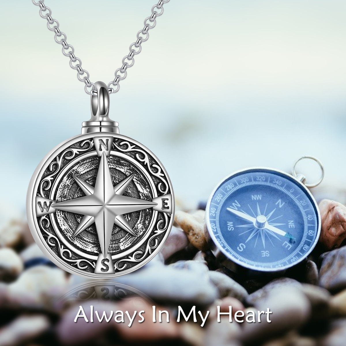 Sterling Silver Vintage Compass Urn Necklace for Ashes-6