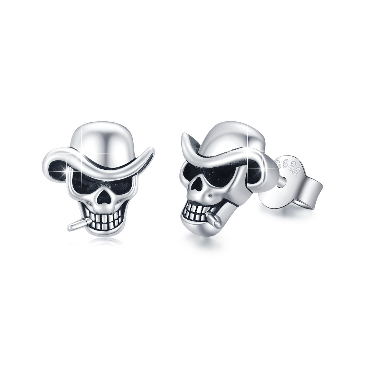 Sterling Silver Skull Stud Earrings-1