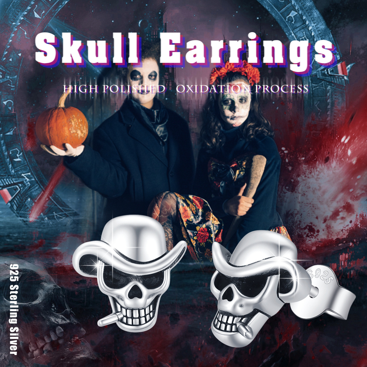 Sterling Silver Skull Stud Earrings-4