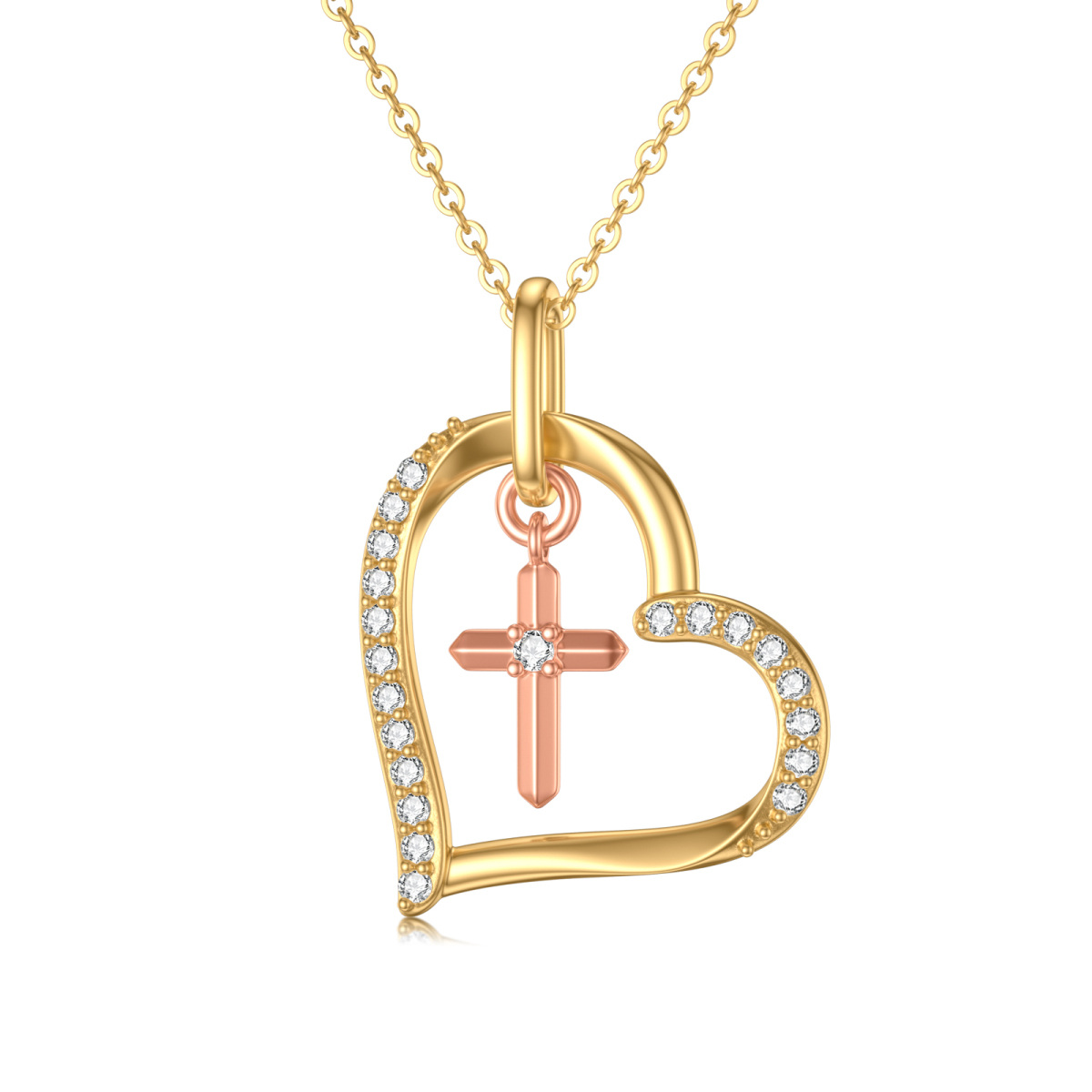 14K Gold & Rose Gold Moissanit Kreuz & Herz Anhänger Halskette-1