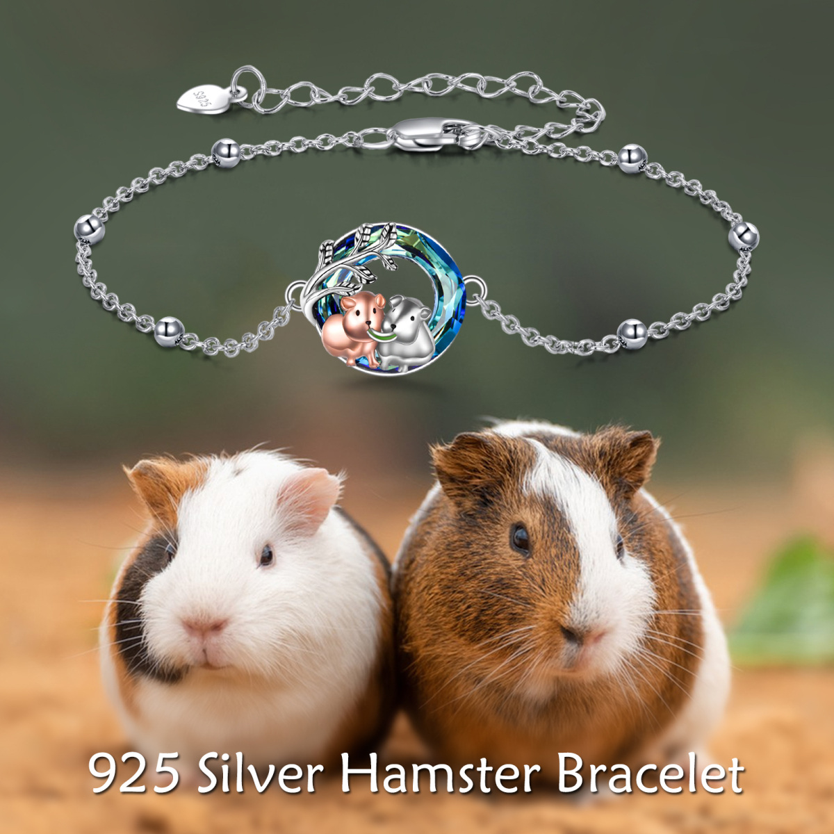 Sterling Silver Two-tone Circular Shaped Crystal Hamster Pendant Bracelet-6