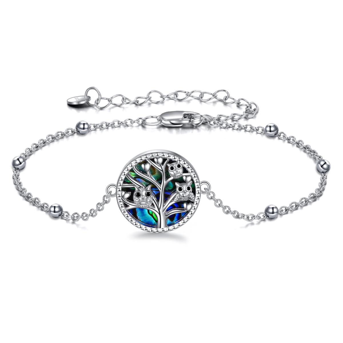 Pulsera de plata de ley con colgante de abalón, marisco, búho y árbol de la vida-1