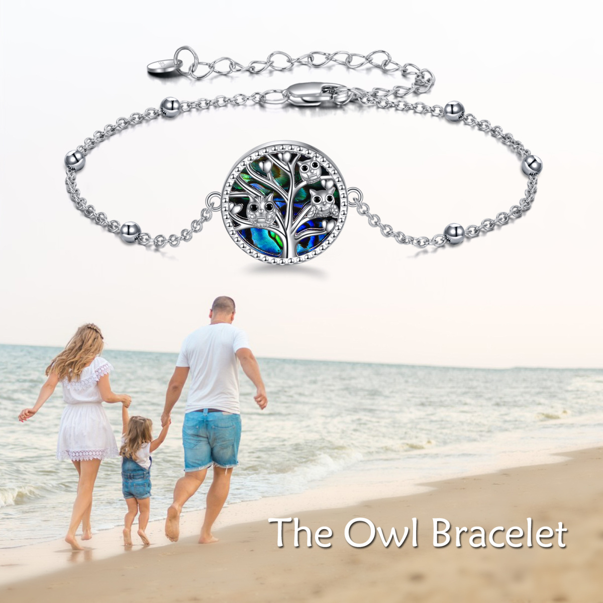 Sterling Silver Abalone Shellfish Owl & Tree Of Life Pendant Bracelet-6