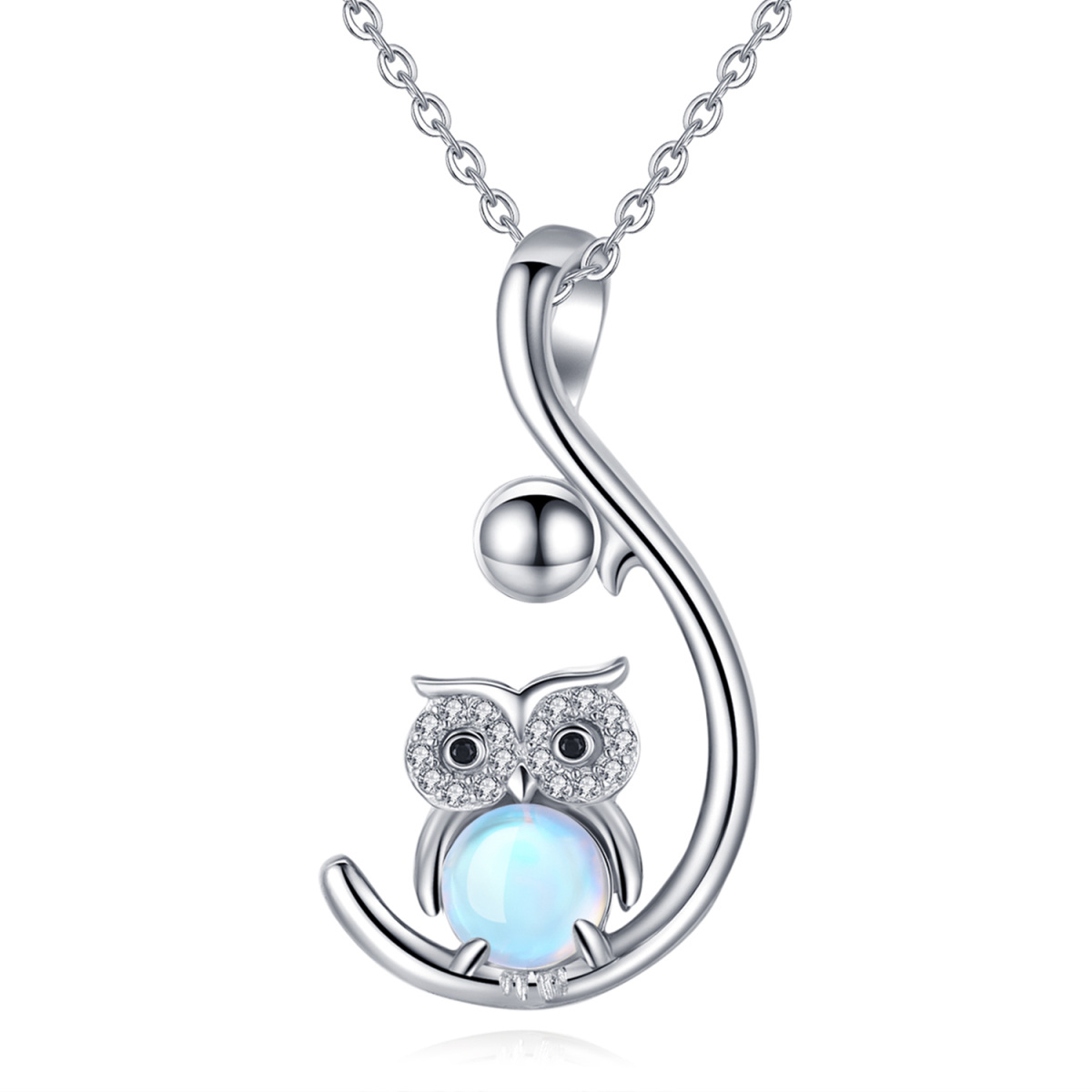 Sterling Silver Moonstone Owl Pendant Necklace-1