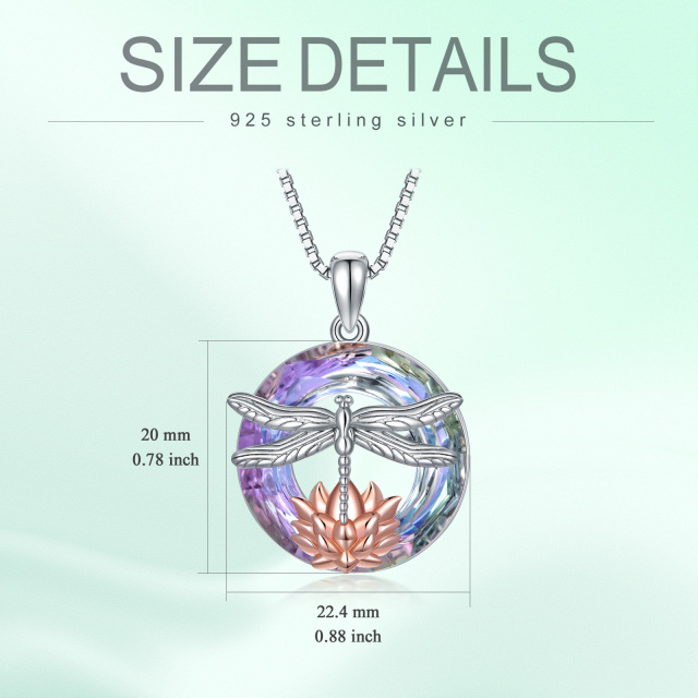 Sterling Silver Two-tone Dragonfly & Lotus Crystal Pendant Necklace-4