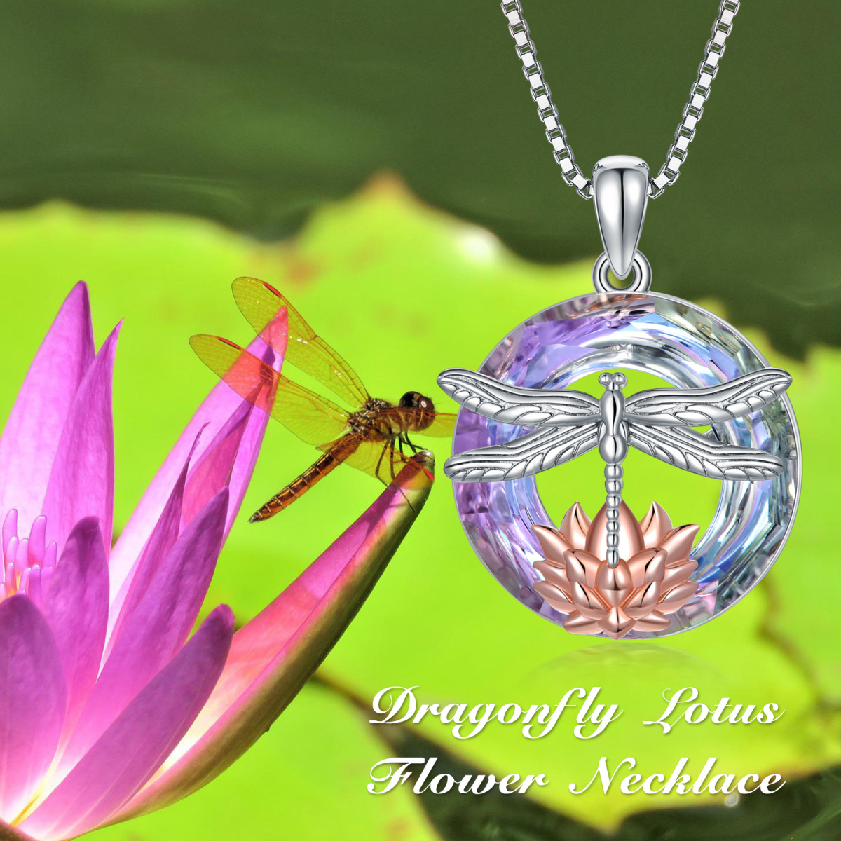 Zweifarbige Sterling Silber Libelle & Lotus Kristall Anhänger Halskette-6