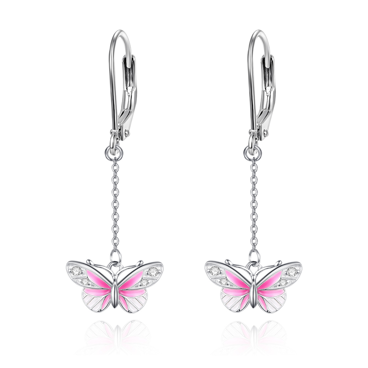 Sterling Silver Circular Shaped Cubic Zirconia Butterfly Lever-back Earrings-1