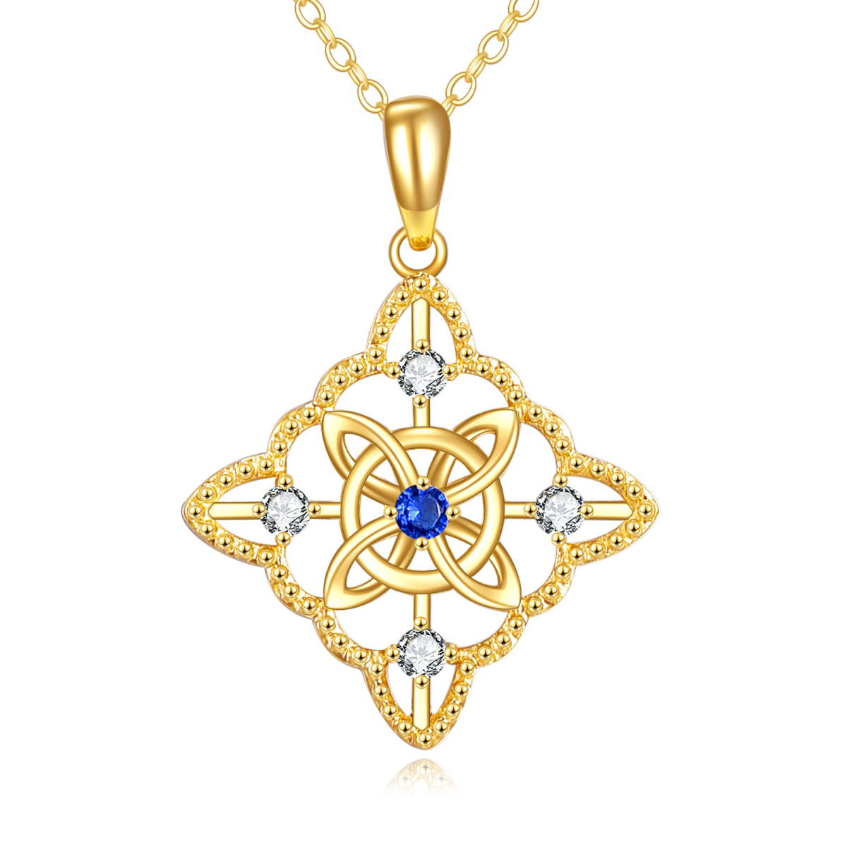 14K Gold Round Zircon Celtic Knot Pendant Necklace-1