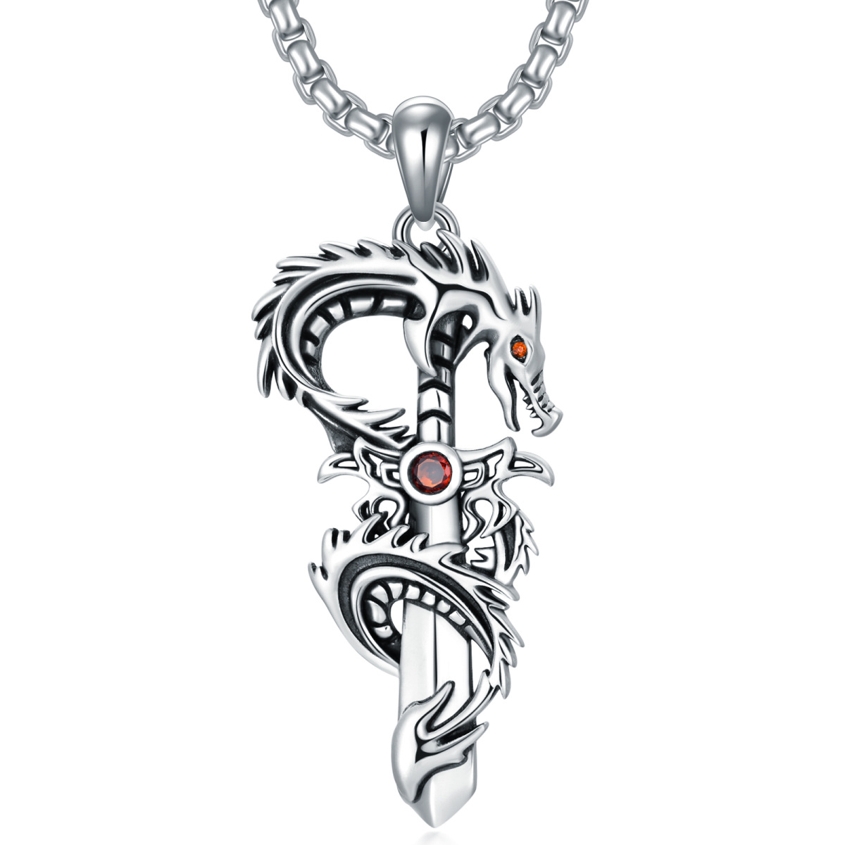 Sterling Silver Cubic Zirconia Dragon & Sword Pendant Necklace for Men-1