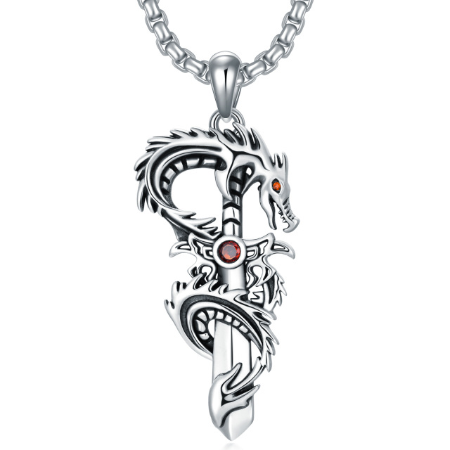 Sterling Silver Cubic Zirconia Dragon & Sword Pendant Necklace for Men-0