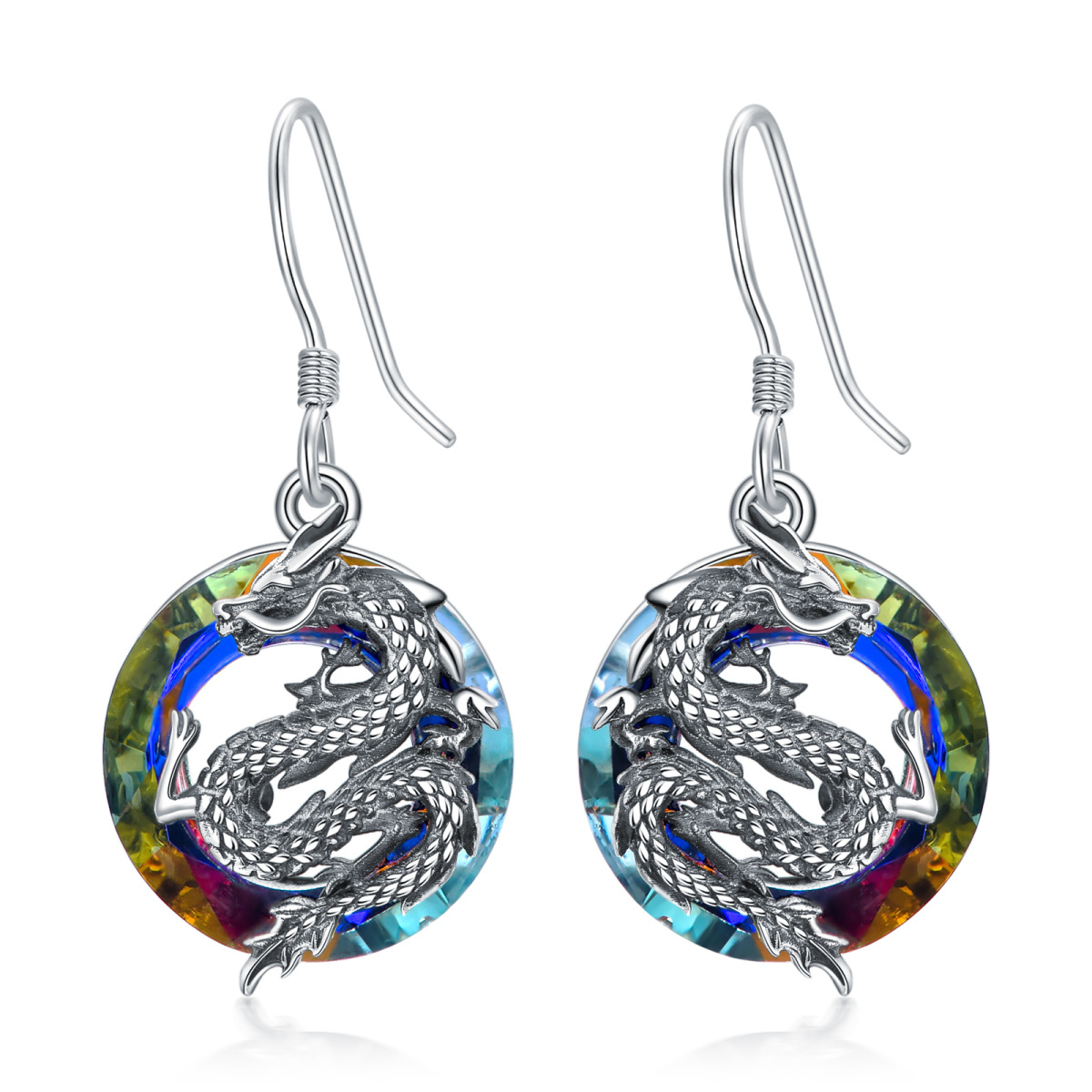 Sterling Silver Circular Shaped Crystal Dragon Drop Earrings-1