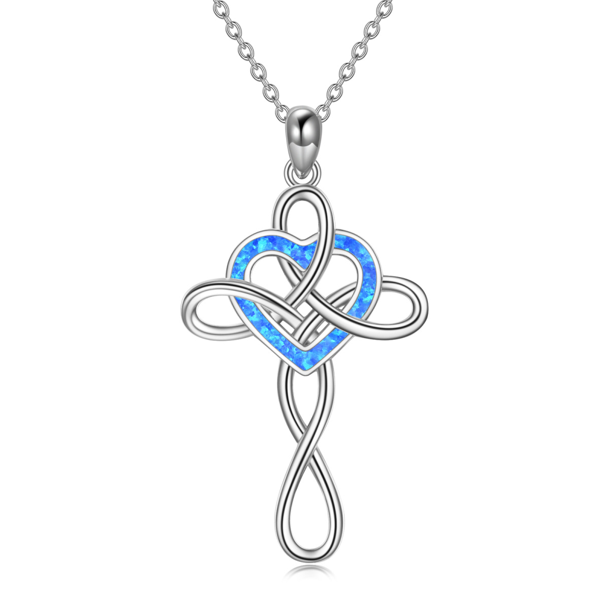 Sterling Silver Heart Shaped Opal Celtic Knot & Cross Pendant Necklace-1