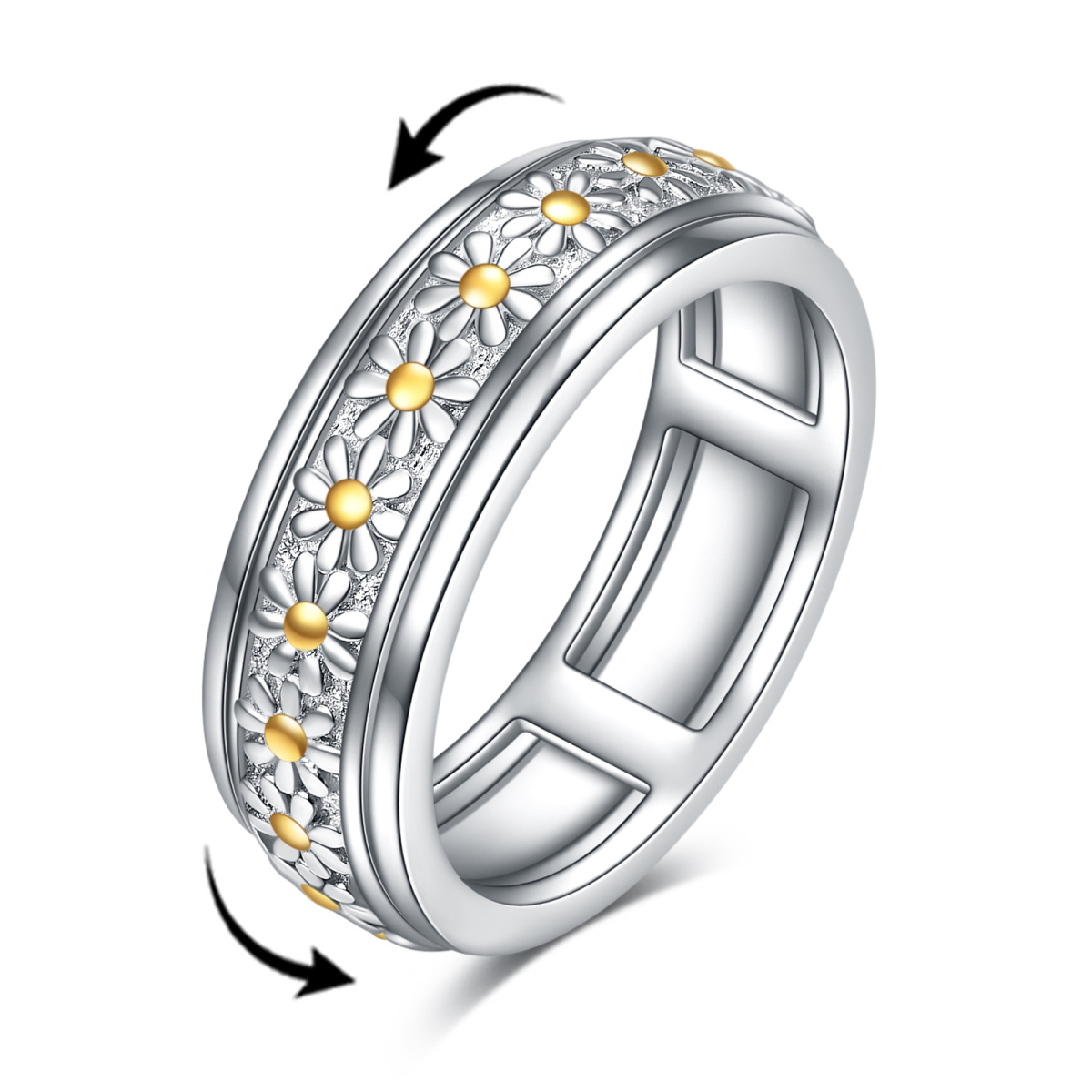 Sterling Silver Two-tone Daisy Spinner Ring-1