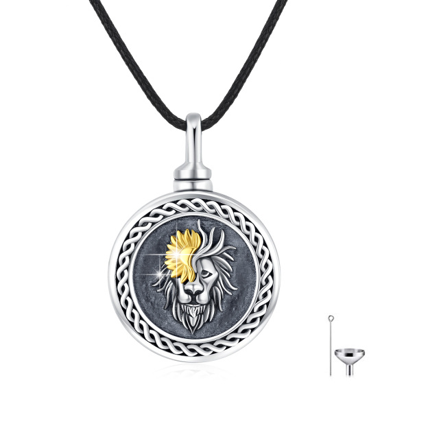 Sterling Silver Two-tone Lion & Round Urn Necklace for Ashes-1