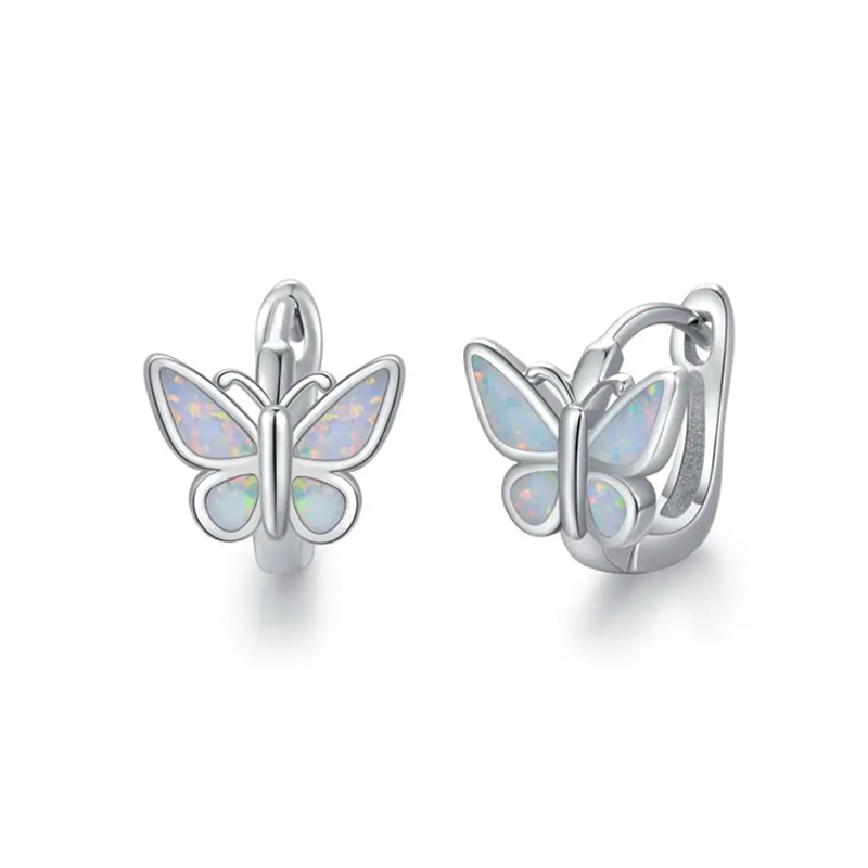 Sterling Silver Opal Butterfly Hoop Earrings-1