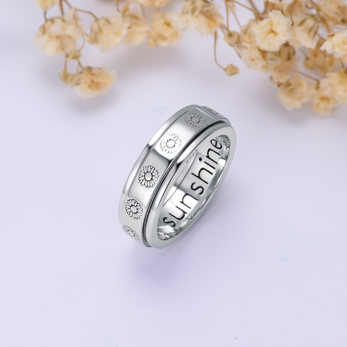 Sterling Silver & Personalized Engraving Sunflower Ring-4