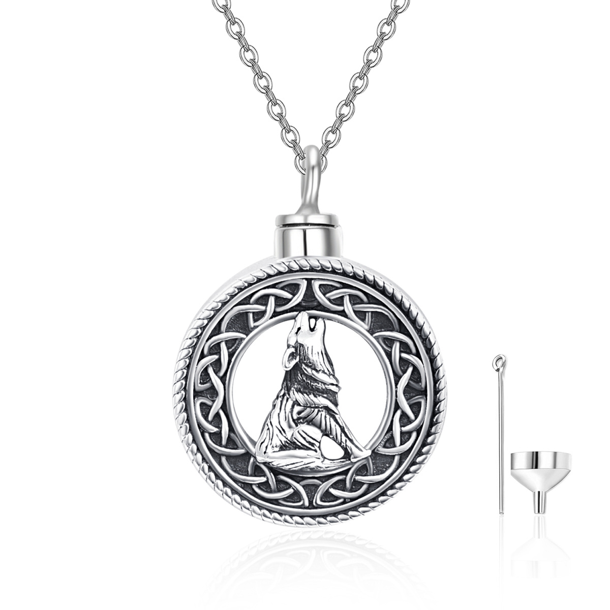 Sterling Silver Round Wolf Pendant Necklace-1