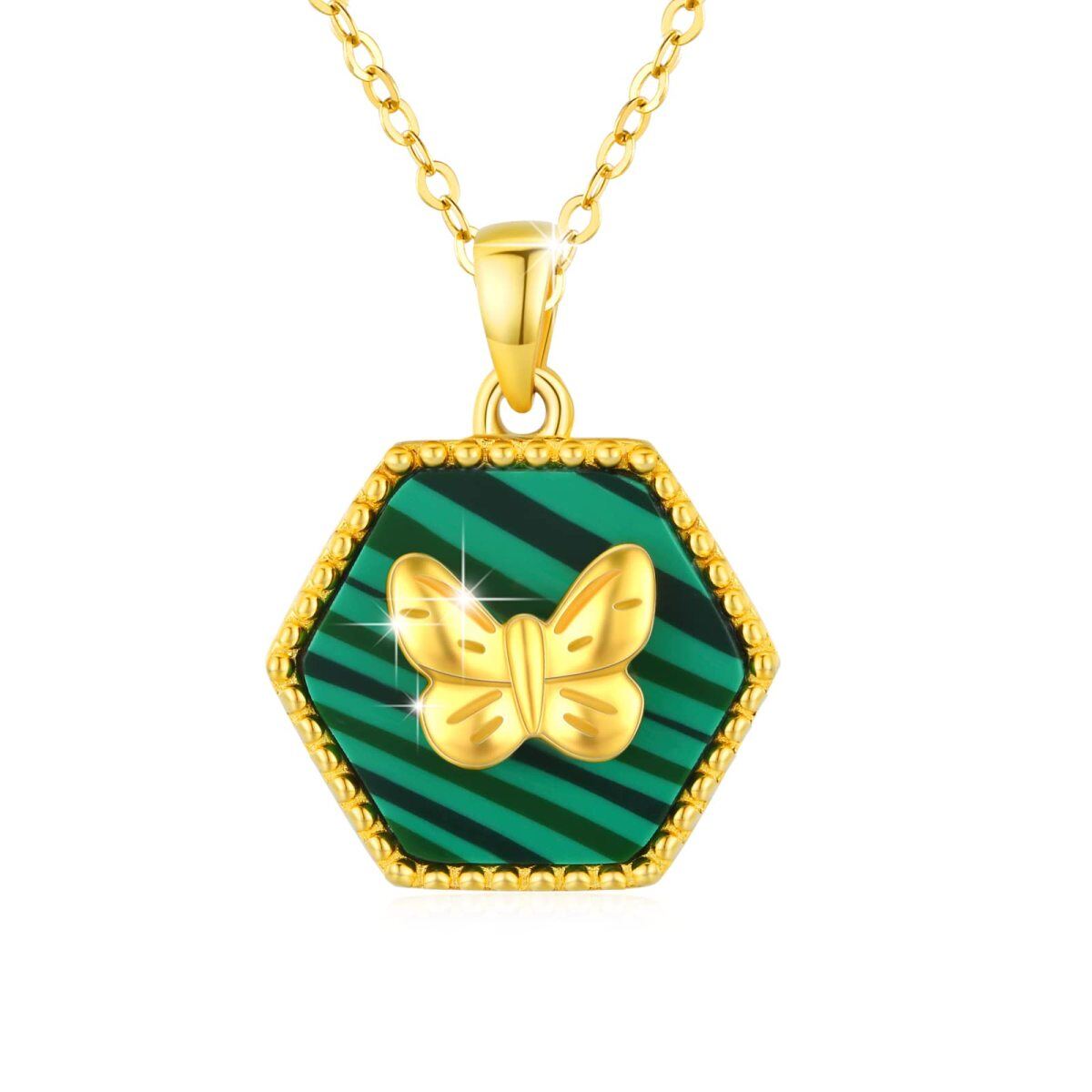 Sterling Silver with Yellow Gold Plated Five-Pointed Star Shaped Malachite Butterfly Pendant Necklace-1