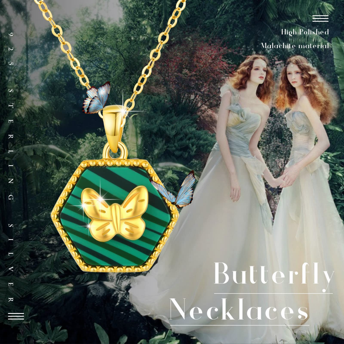 Sterling Silver with Yellow Gold Plated Five-Pointed Star Shaped Malachite Butterfly Pendant Necklace-6