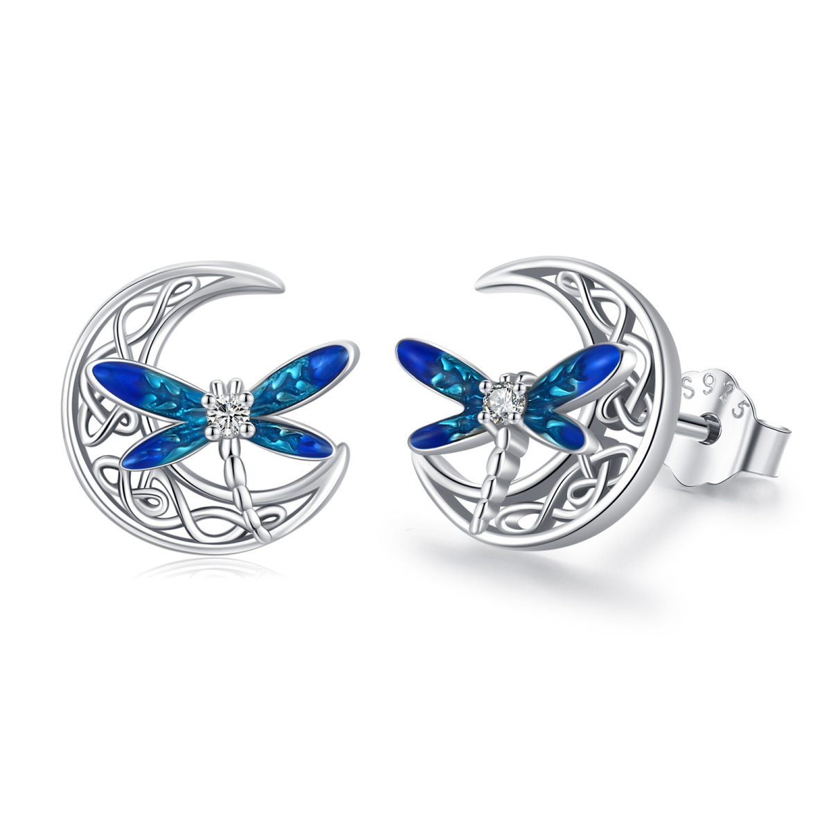 Sterling Silver Circular Shaped Cubic Zirconia Dragonfly & Celtic Knot & Moon Stud Earrings-1