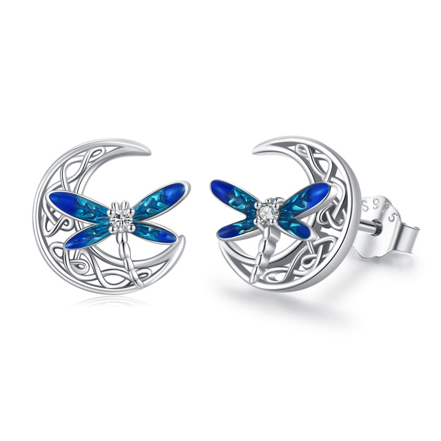 Sterling Silver Dragonfly & Celtic Knot & Moon Stud Earrings-1