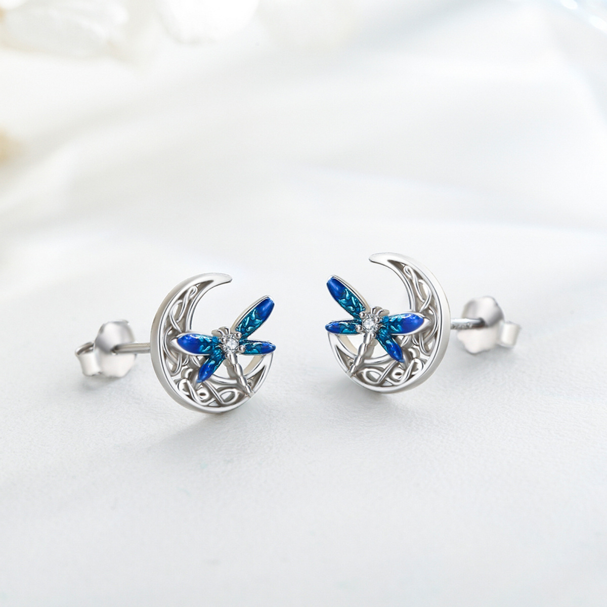 Sterling Silver Circular Shaped Cubic Zirconia Dragonfly & Celtic Knot & Moon Stud Earrings-4