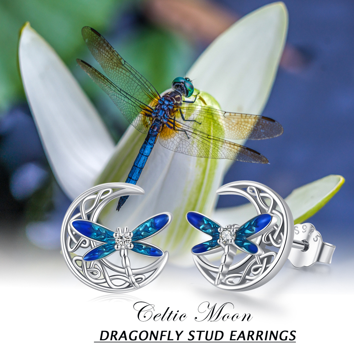 Sterling Silver Circular Shaped Cubic Zirconia Dragonfly & Celtic Knot & Moon Stud Earrings-7