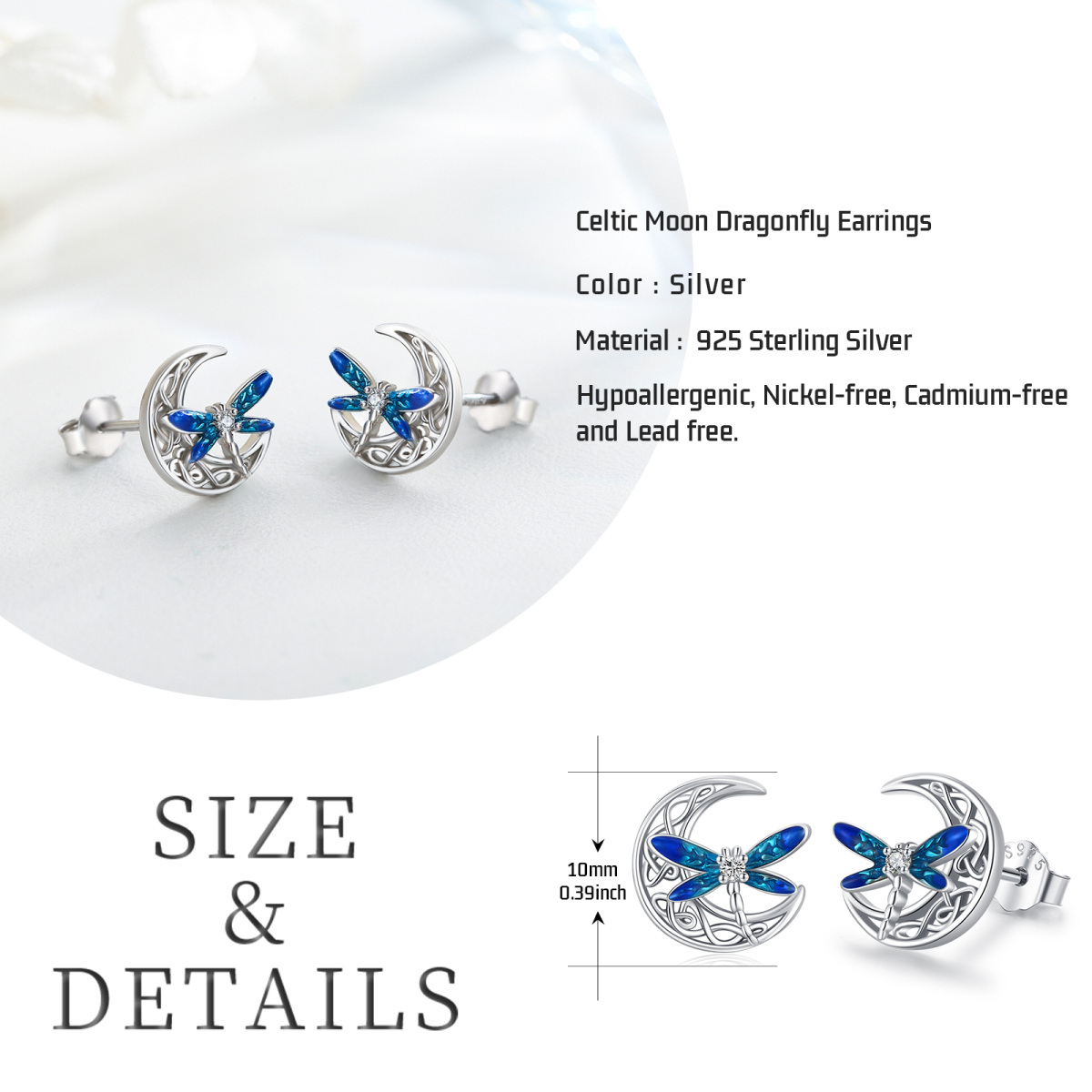 Sterling Silver Circular Shaped Cubic Zirconia Dragonfly & Celtic Knot & Moon Stud Earrings-6