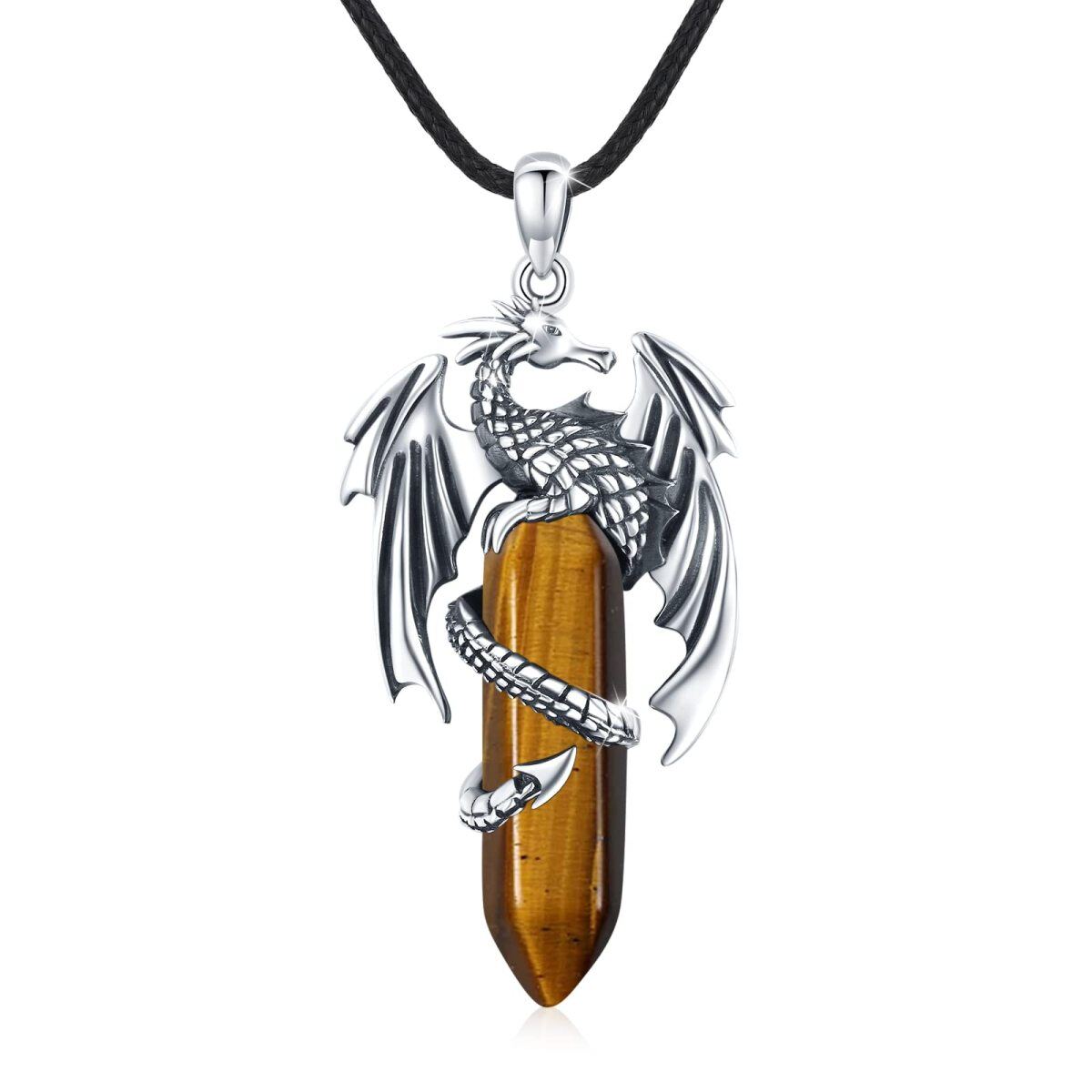 Sterling Silver Tiger's Eye Dragon Pendant Necklace-1